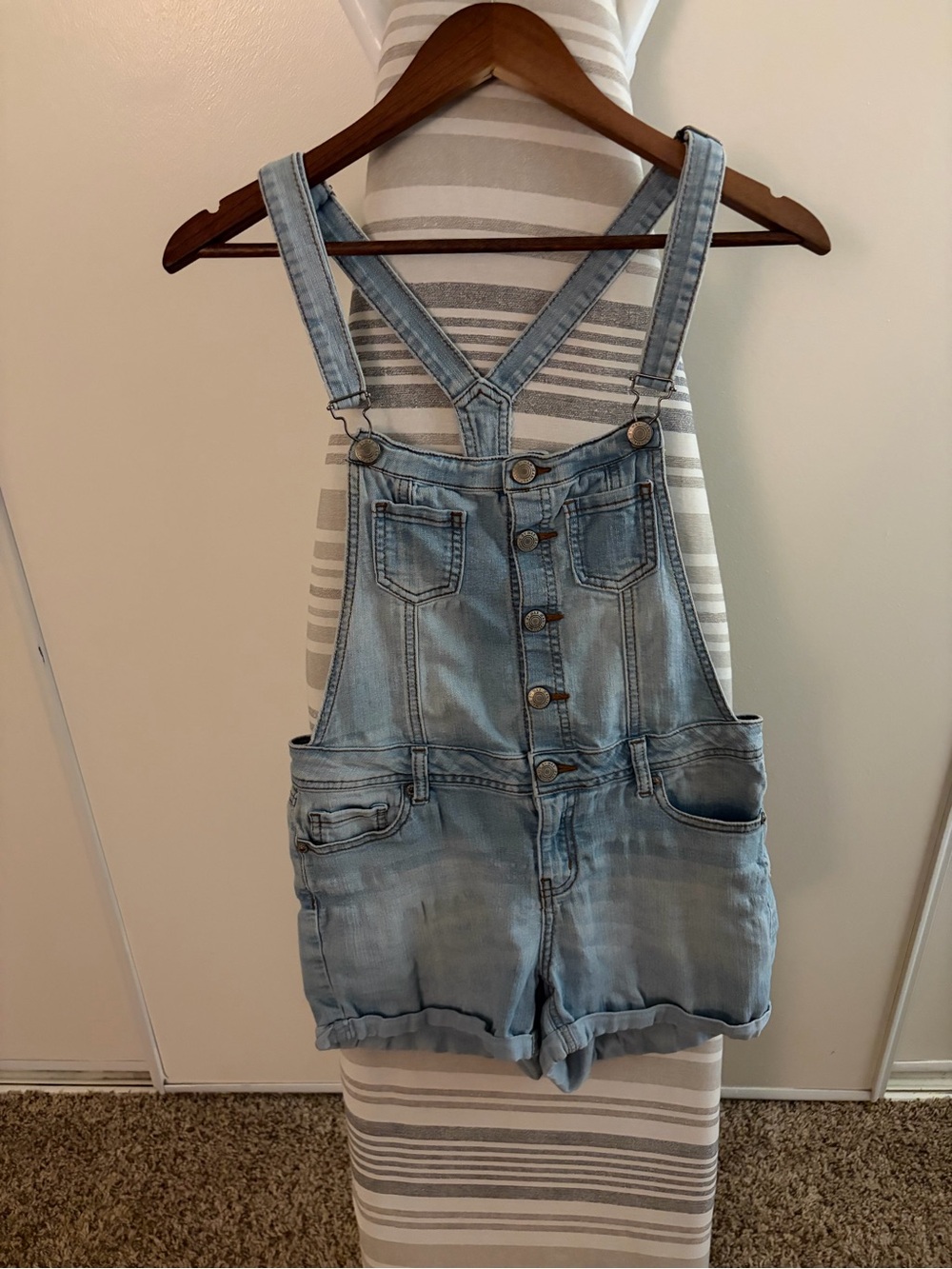 Light Wash Denim Short Overalls - Blue
